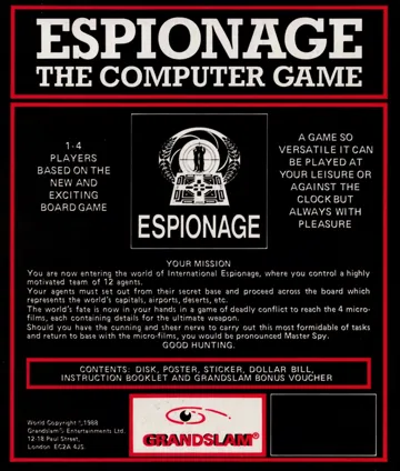 Espionage (UK) (1988) box cover back